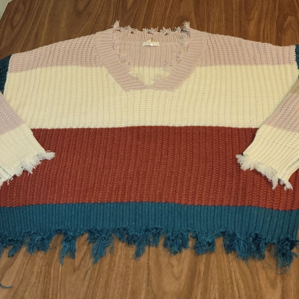 Entro Color Block Oversized Cropprd Fringe Sweatee sz Large